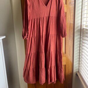 Universal Thread- Burnt Orange Maxi Long Sleeve Dress with Pockets! Size L